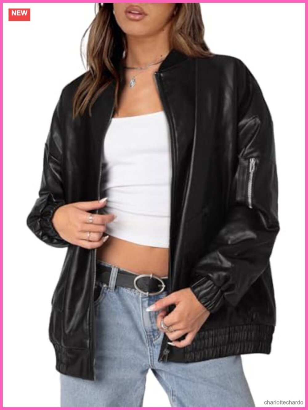 Faux Leather Jacket Oversized Motorcycle Bomber Zip Up Fall Winter Coat